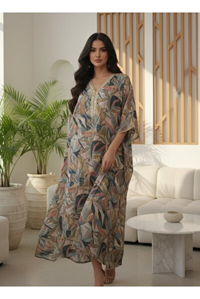 Maison Emarat Botanical Print Kaftan Maxi Dress with Embellished V-Neck