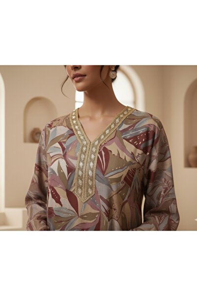 Maison Emarat Botanical Print Kaftan Maxi Dress with Embellished V-Neck