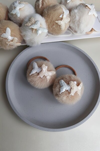 Lynare Butterfly Detailed Pompom Model Plush Rubber Buckle 2 Pieces