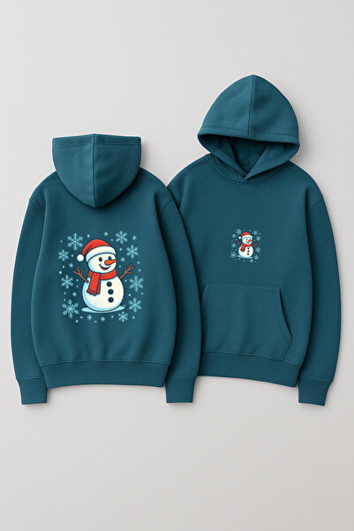 CLASSY.MODA Φούτερ Unisex με κουκούλα oversized με τύπωμα – Χιονάνθρωπος με χιονονιφάδες με χριστουγεννιάτικο καπέλο