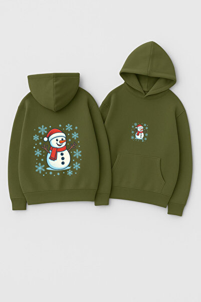 CLASSY.MODA Φούτερ Unisex με κουκούλα oversized με τύπωμα – Χιονάνθρωπος με χιονονιφάδες με χριστουγεννιάτικο καπέλο