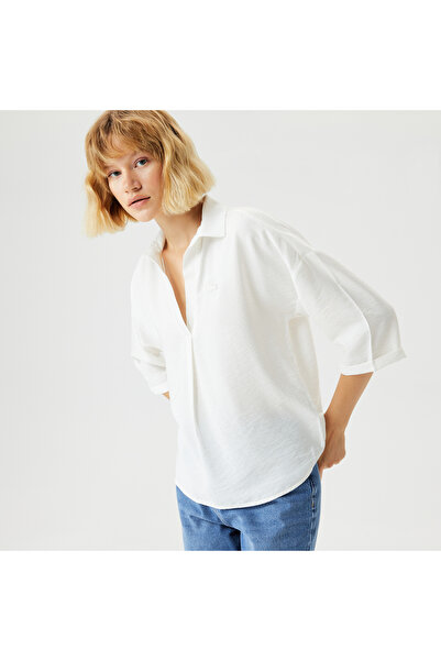 Lacoste Kadın Regular Fit Truvakar Kollu V Yaka Beyaz Bluz