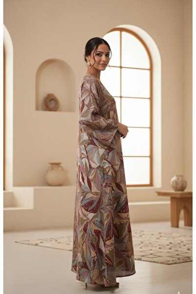 Maison Emarat Botanical Print Kaftan Maxi Dress with Embellished V-Neck