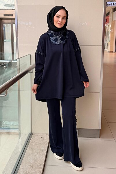 Ghisa Embossed Floral Patterned Drawstring Collar Tunic Pants Set