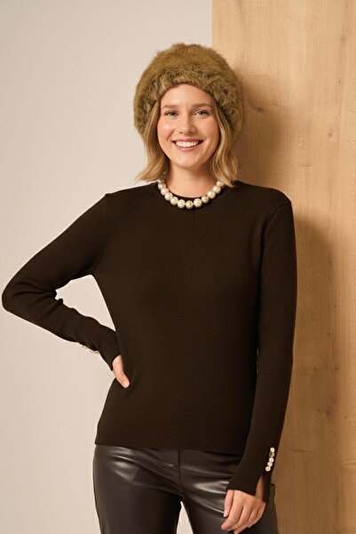FTZ WOMEN Button Detailed Sweater Bitter Brown 25203