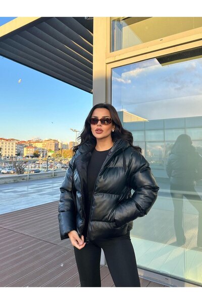 buqre's moda Hooded Crop Short Puffer Leather Coat