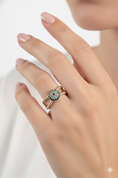 Dorvina خاتم نسائي ذهبي اللون قابل للتعديل، موديل خرز العين الزرقاء، لا يفقد لونه |   مجوهرات أنيقة ومتينة، إكسسوارات