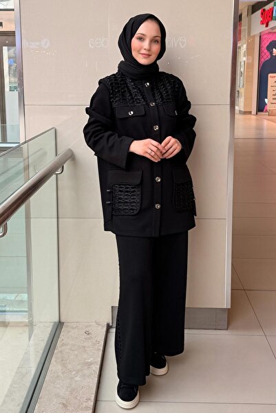 Mahal Crochet Knitwear Mesh Combination Pocket Detailed Trouser Set