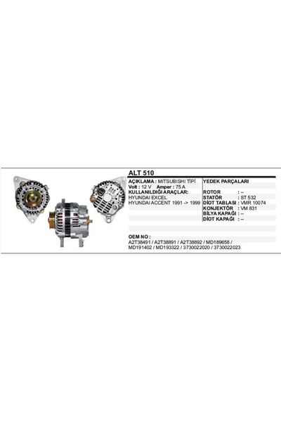 Dodo ALTERNATÖR 12V 75A HYUNDAI EXCEL / ACCENT 91-99 MITSUBISHI TİP