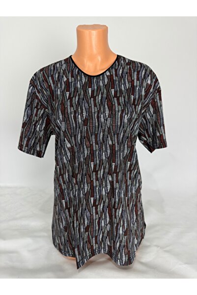 YAŞAR TRİKO Women's Gray Brown U-Neck Short Sleeve Patterned Slit Woven Visco...