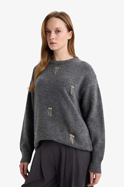 DeFacto Regular Fit Crew Neck Stone Knit Sweater Tunic F6298Ax25Wn