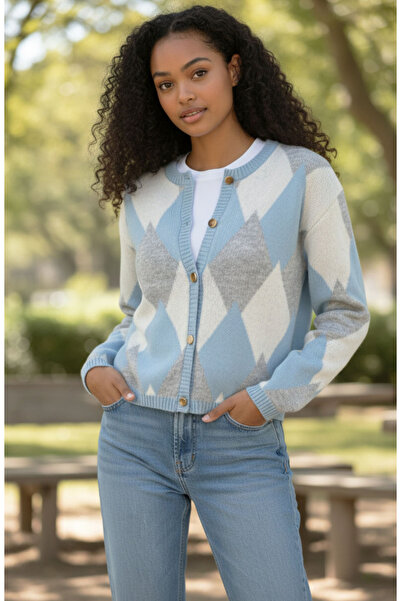 Star Fashion Women's sweater, with buttons, geometric design, V-neck