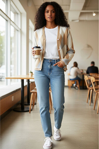 Star Fashion Women's sweater, with buttons, geometric design, V-neck