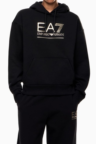 EA7 Kadın Kapüşonlu Tam Kalıp Kanguru Cepli Sweatshirt - Siyah