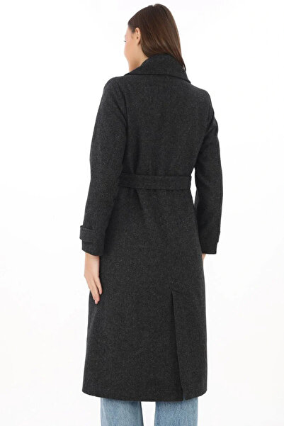 hibiscus Premium Women's Cashmere Coat Long Length, Herringbone Wool Cashmere Woven, Double-Breasted Belted Lined - Black