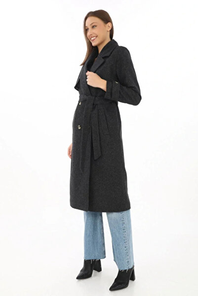 hibiscus Premium Women's Cashmere Coat Long Length, Herringbone Wool Cashmere Woven, Double-Breasted Belted Lined - Black