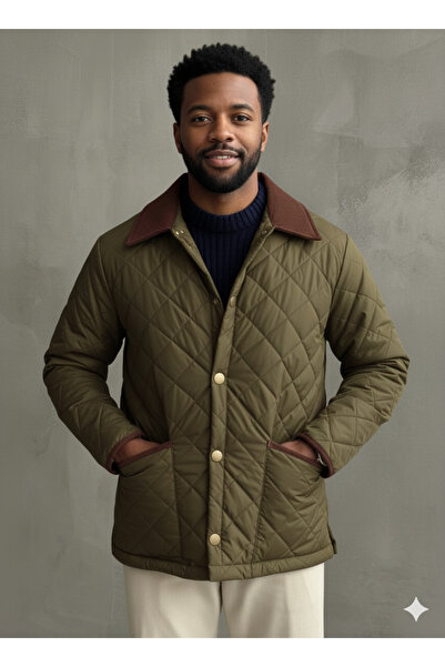A&O Style Men's Khaki Regular Fit Premium High Quality Snap Closure Gabardine Quilted Coat with Collar Detail