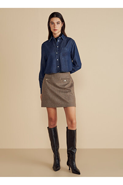 BROOKS BROTHERS Normal Bel Kahve - Bej Kadın Balıksırtı Desenli Midi Etek Bal...