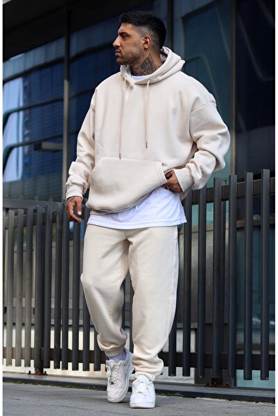 YAKAMEL ERKEK KIŞLIK EŞOFMAN TAKIMI BEJ 3 İPLİK İÇİ POLARLI OVERSİZE