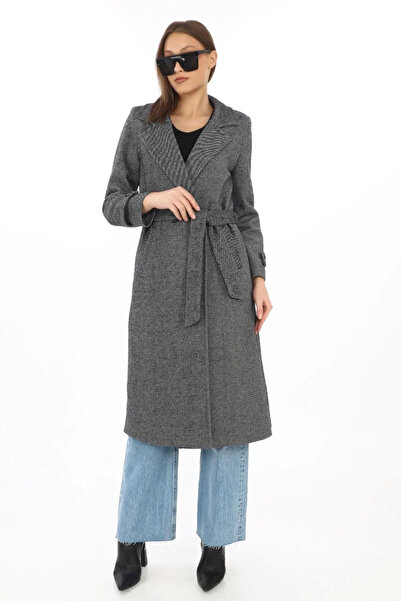 hibiscus Women's Herringbone Cashmere Coat – Long Length Double-Breasted Collar Belted Lined Winter Hijab Coat, Woolen Do