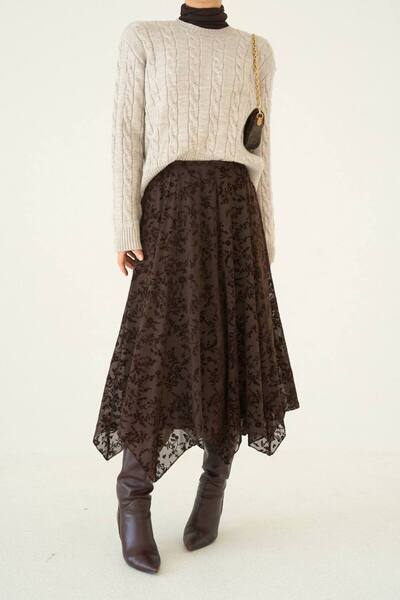 D'RECCY Women's Double Layered Printed Asymmetric Tulle Long Skirt