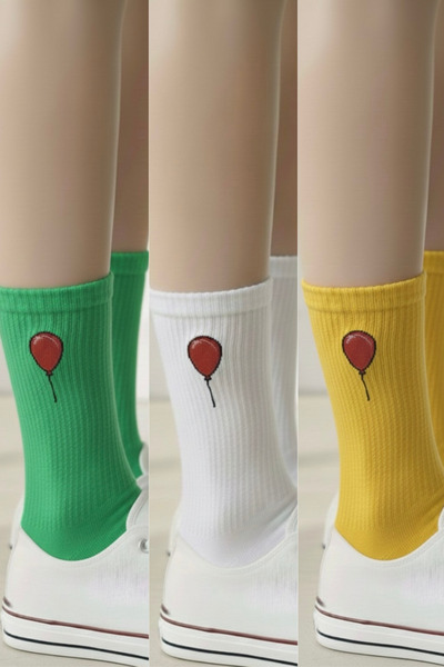 AYDK Small Balloon Embroidered Colorful 3 Pair Minimal Unisex Socks Set