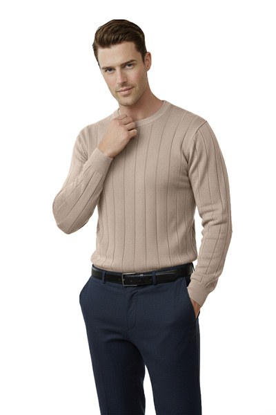 DeepSEA Beige Slim Fit Stretch Fabric Men's Knitwear Sweater – Crew Neck Stylish Design 2605433