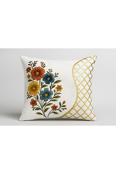 MİNOZA Digital Printed Flower Design Laser Cut Leather Detailed Decorative Throw Pillow Cover