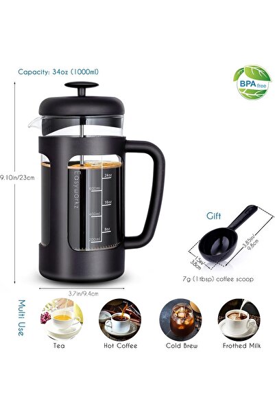Bukela French Press Coffee Tea Maker Borosilicate Glass Non-slip Handle 1000ML