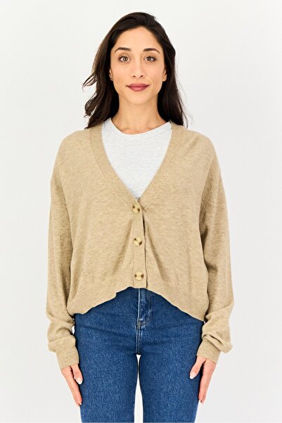 French Connection Women V Neck Knitted Cardigan, Tan