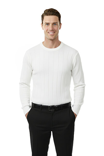 DeepSEA White Slim Fit Stretch Fabric Men's Knitwear Sweater – Crew Neck Stylish Design 2605433