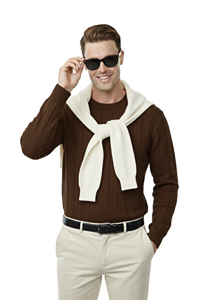 DeepSEA Kahve Dar Kesim Stretch Fabric Men's Knitwear Sweater – Crew Neck Stylish Design 2605433