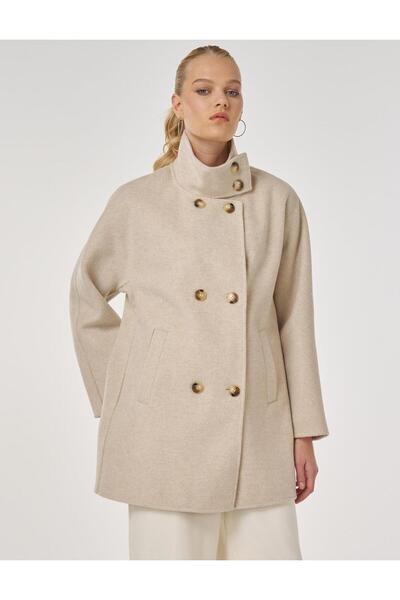 Kayra Mock Neck Short Cashmere Coat Cream