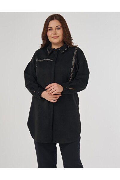 Kayra Knitted Stitched Suede Tunic Black