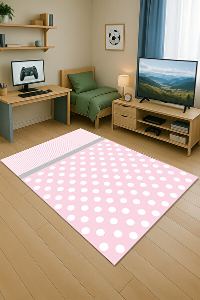 Kessy Home Studio Pembe Puantiye Desenli Çocuk Oda Halısı Dijital Baskı Yıkan...