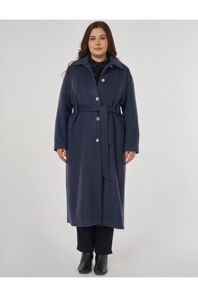 Kayra Felt Coat with Belt Navy Blue