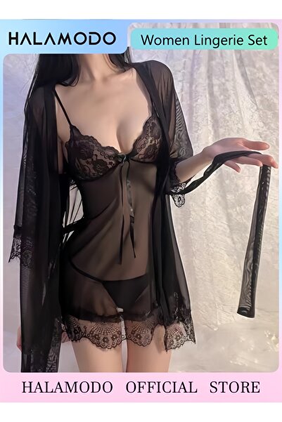 HALAMODO طقم لانجري نسائي مكون من 3 قطع بيبي دول وقميص كيمونو دانتيل وقميص نوم شبكي وقميص نوم