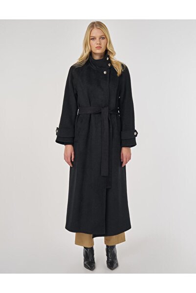Kayra Stand Collar Belted Stamp Coat Black