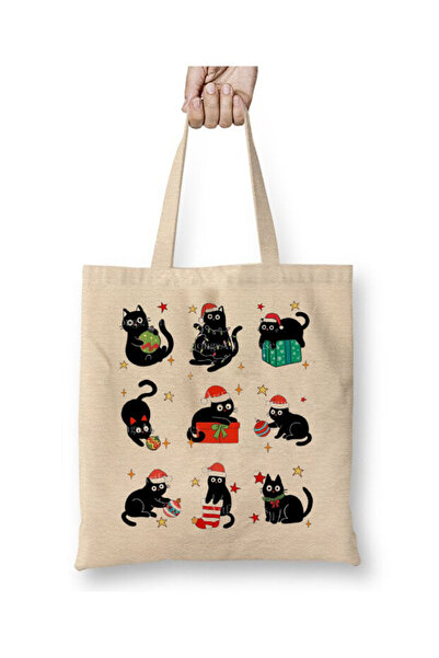 Toyaso Γάτα Πρωτοχρονιάτικη Χριστουγεννιάτικη Χριστουγεννιάτικη Λευκή υφασμάτινη τσάντα με μακρύ χερούλι Τσάντα αγορών