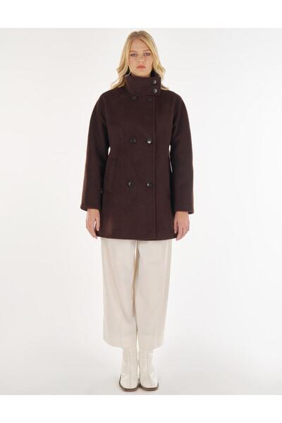 Kayra Mock Neck Short Cashmere Coat Dark Burgundy