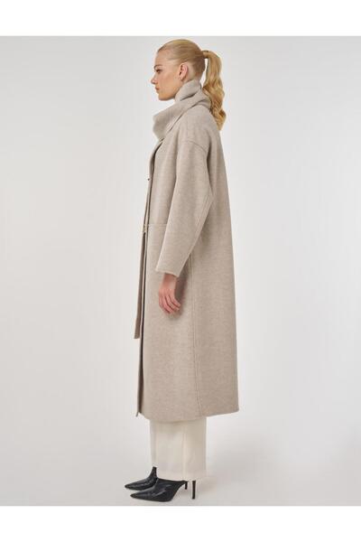 Kayra Button Detailed Scarf Coat with Stone Detail