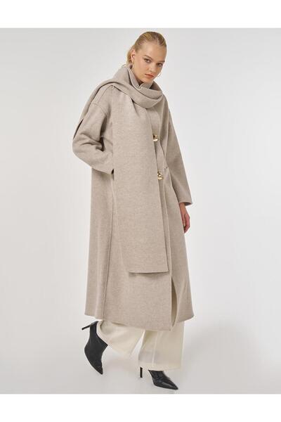 Kayra Button Detailed Scarf Coat with Stone Detail