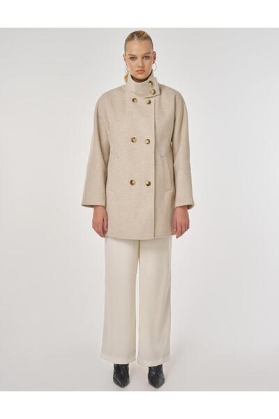 Kayra Mock Neck Short Cashmere Coat Cream