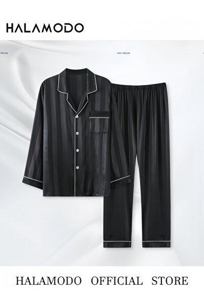 HALAMODO Mens Satin Pajamas Set Classic Short Sleeved and Long Pants Sleepwear Loungewear