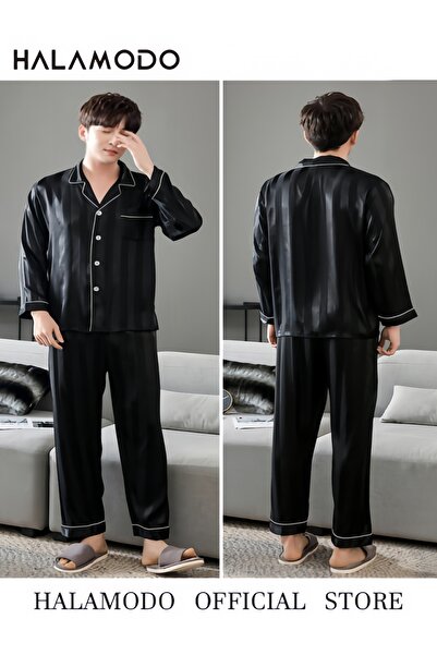 HALAMODO Mens Satin Pajamas Set Classic Short Sleeved and Long Pants Sleepwear Loungewear