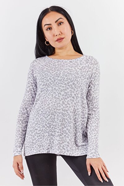 Undiz Women Long Sleeve Allover Print Pajama Top, Grey and White