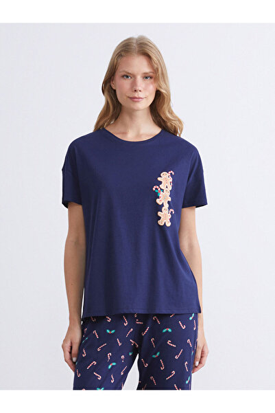 LC Waikiki Bisiklet Yaka Nakışlı Kadın Pijama Üstü