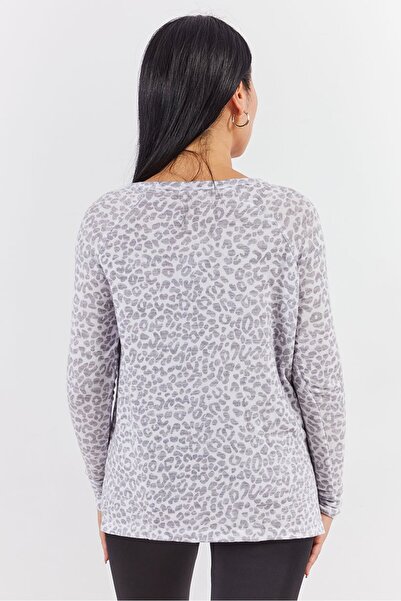 Undiz Women Long Sleeve Allover Print Pajama Top, Grey and White