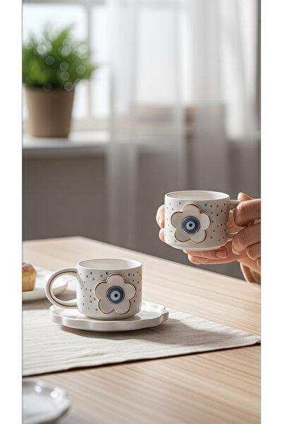 Genel Markalar 24k Altın Süslemeli Nazar Çiçeği Temalı 2’li Duble Türk Kahves...