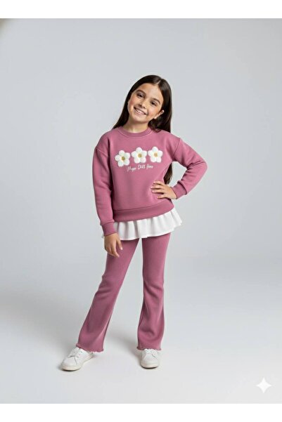 NOBLEKIDS Floral Embroidered Dusty Rose Girls' Set – Sweatshirt & Wide-Leg Leggings, Ages 2-8